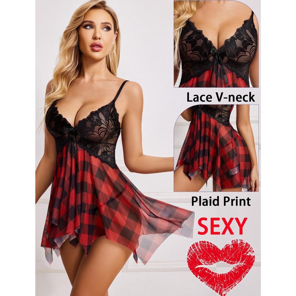 Avidlove 2 Pc Buffalo Plaid Lace Babydoll Lingerie Set Red Black XS NWT Thong
